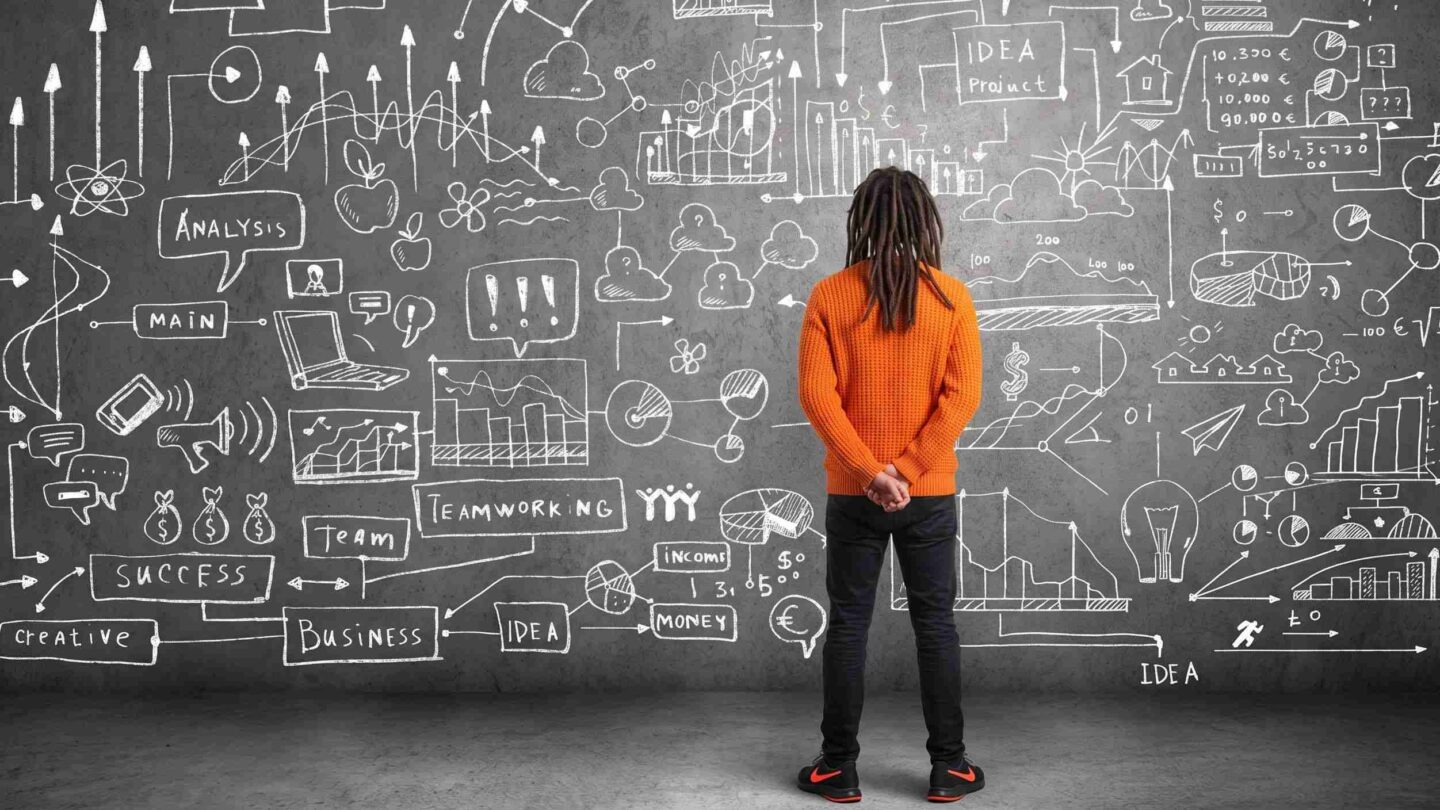 rasta man in oranje trui voor schoolbord voor jaarplan interne communicatie