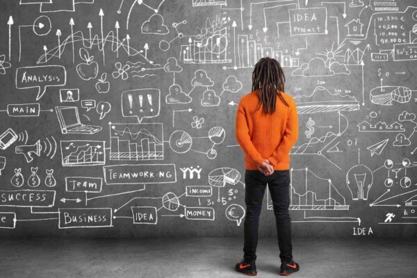 rasta man in oranje trui voor schoolbord voor jaarplan interne communicatie