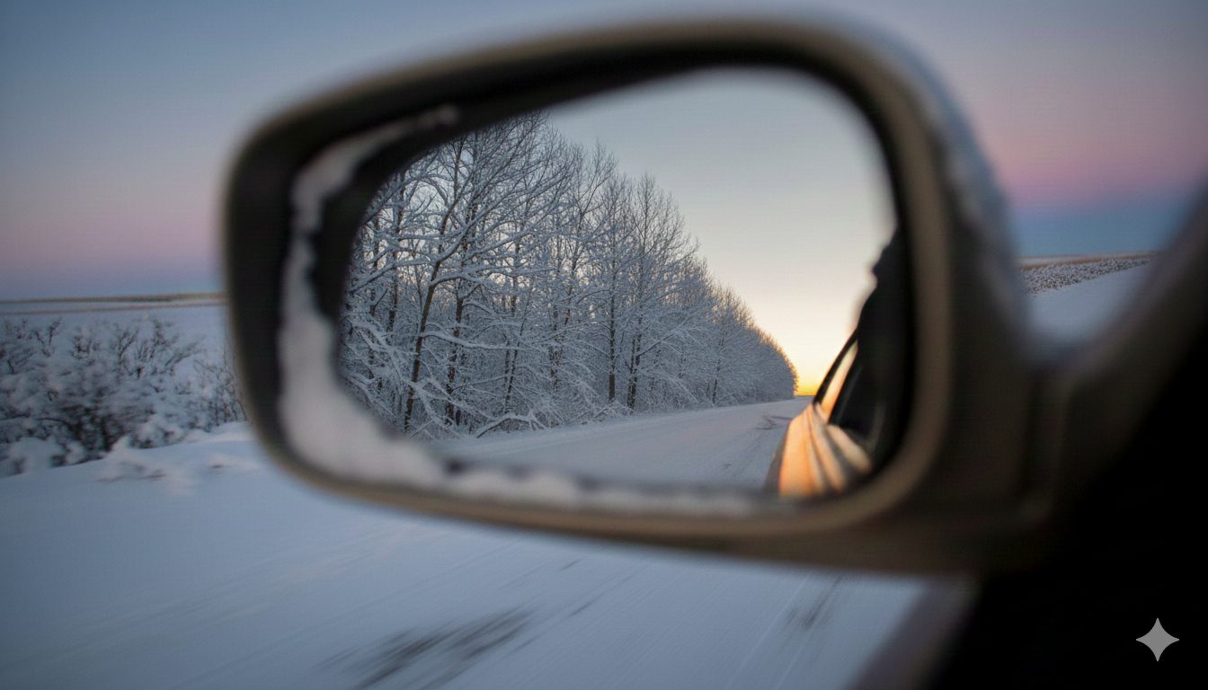 buitenspiegel die terugkijkt op besneeuwde bomen