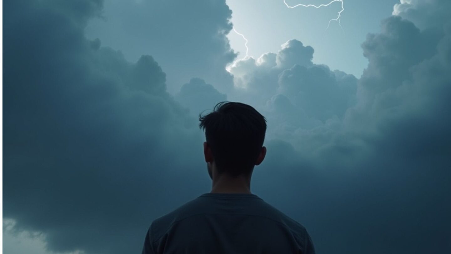 man die naar onweer kijkt