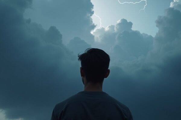 man die naar onweer kijkt