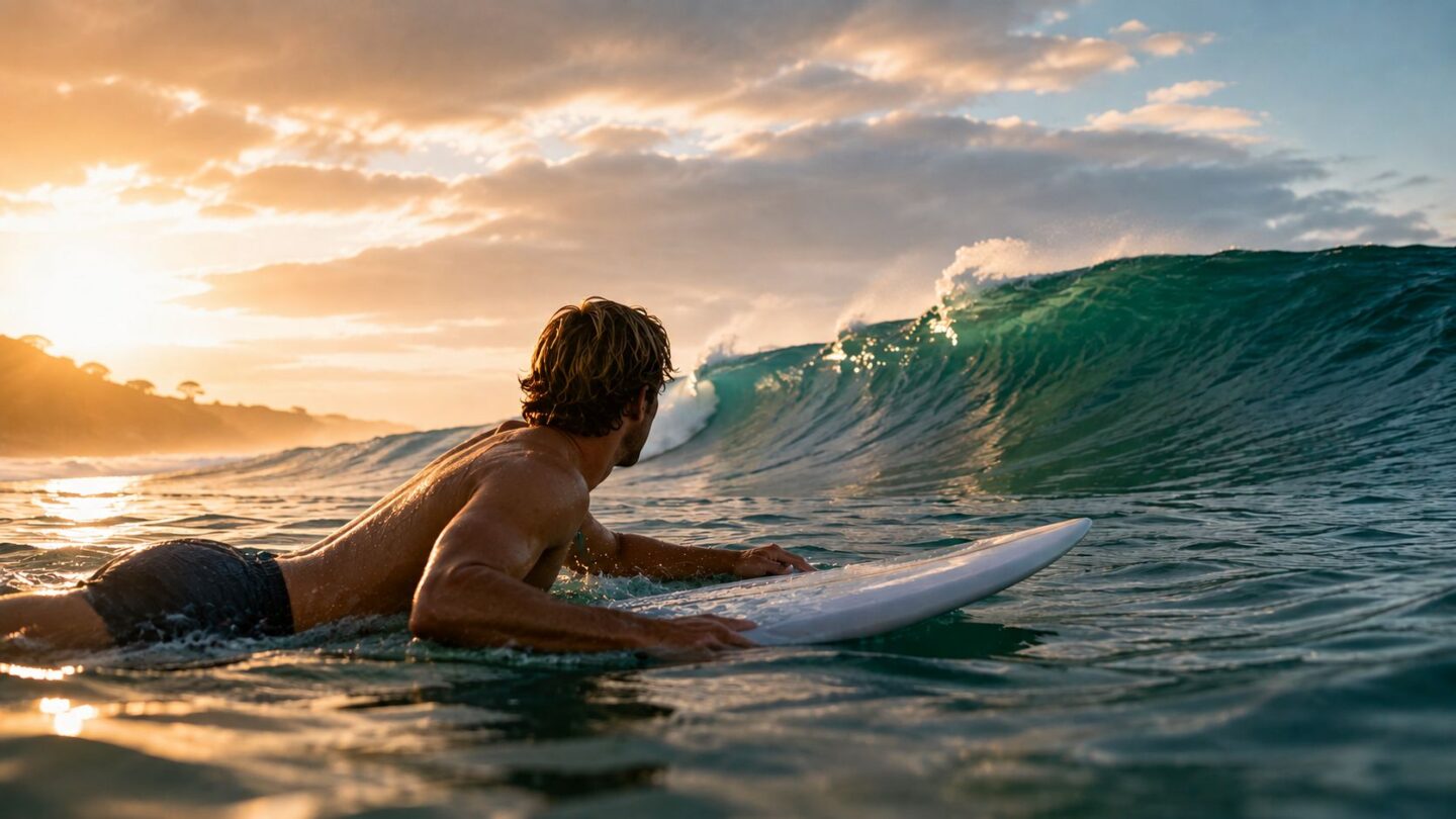 een surfer die wacht op de juiste golf: yin yang model